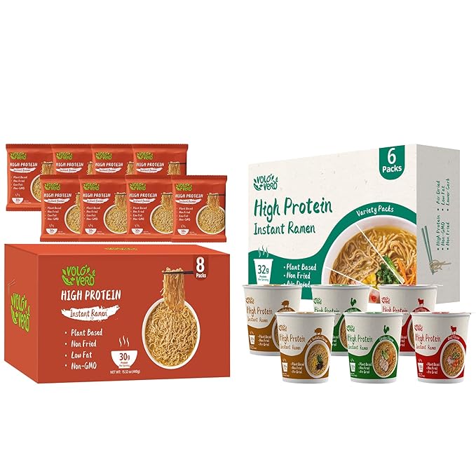 VOLO VERO High Protein (32g) Instant Ramen Soup Cup Variety Flavor 6-Pack and High Protein (30g) Ramen Noodles Plain 8 PackLow Fat Non-Fried Non-GMO Egg &amp Dairy Free