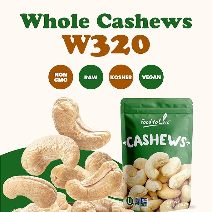 Food to Live - Raw Cashews 10 Pounds Non-GMO Verified Deluxe Whole Nuts Unsalted Unroasted Fancy Snack Size W-320 Kosher Vegan Bulk A good source of Magnesium Phosphorus.