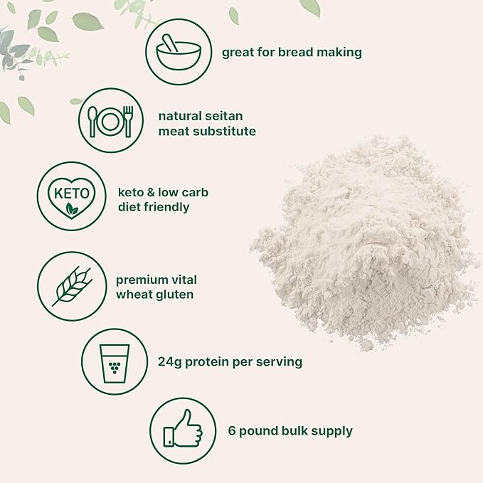 Premium Vital Wheat Gluten 6lbs Powder | Great for Bread Making &amp Seitan | 24g High Protein Per Serving | Low Carb Baking Flour | Plant Based | Vegan &amp Keto Friendly | Non-GMO