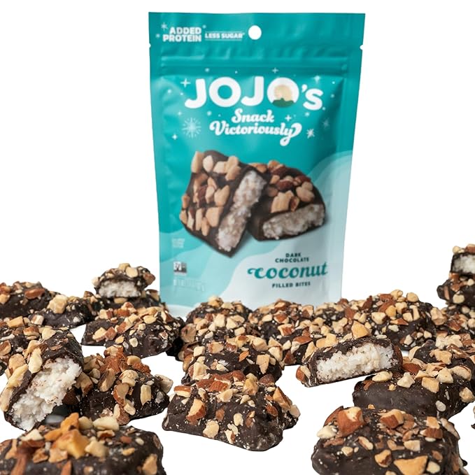 JOJO's Dark Chocolate Coconut Filled Bites with Almonds 3.6oz (4 count) Gluten-Free Non-GMO Vegan Lactose Free More Protein Less Sugar