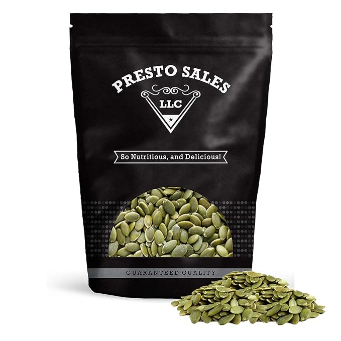 Pumpkin Seeds Raw Shelled Green Pepitas Premium Natural Snack Eating Or Cooking Nutritious Packed in a resealable pouch bag of 2 lbs. (32 oz.) by Presto Sales LLC