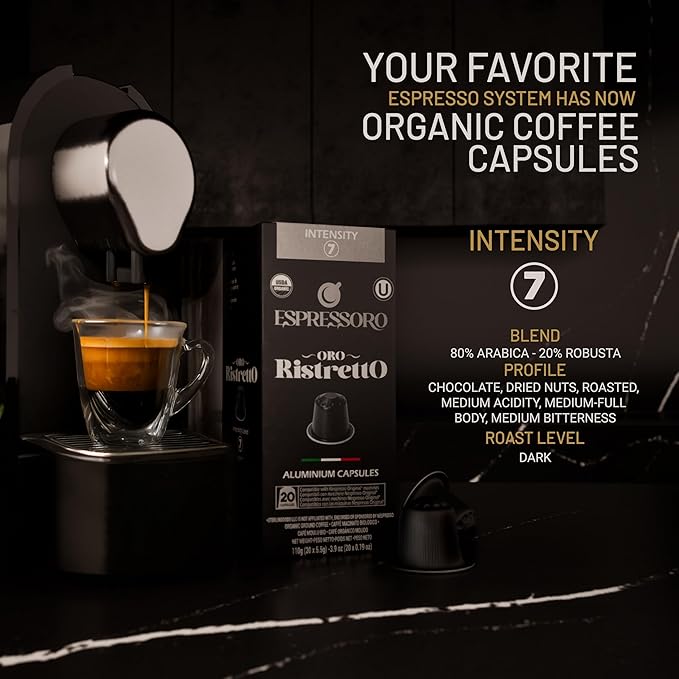 ESPRESSORO 100 USDA Organic Espresso Pods - RISTRETTO Aluminum Capsule Compatible with Nespresso Original Lines Machines. Intensity 7 Premium Italian Expresso Coffee Capsules