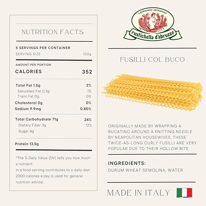 Rustichella d'Abruzzo Fusilli col Buco 17.6oz (Pack of 2)- Classic Authentic Italian Long Curly Pasta - Perfect for Tomato or Olive Oil Sauces