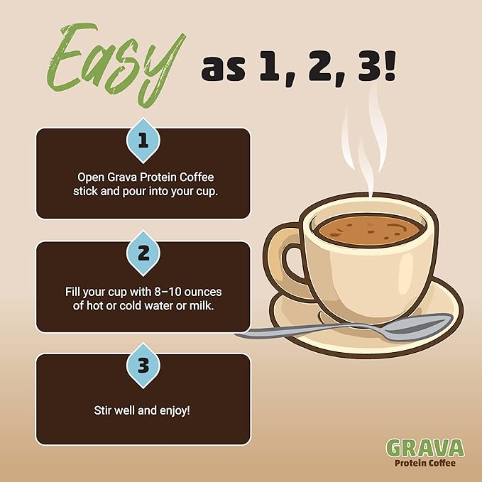 Grava Organic Plant Protein Coffee Sticks Caramel - 8g Plant Protein 80mg Caffeine - Monk Fruit Sweetener - USDA Organic Non-GMO &amp Fair Trade - Gluten Free &amp Vegan - Single Serve Packet 20