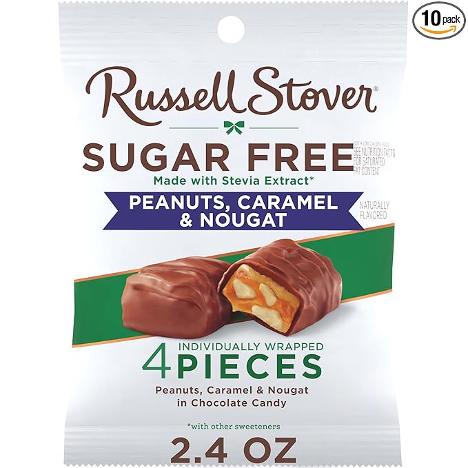 RUSSELL STOVER Sugar Free Peanut Caramel &amp Nougat Chocolate Candy 2.4 oz. bag (Pack of 10)