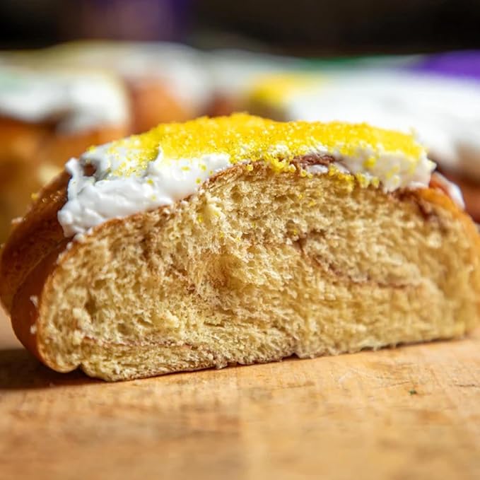 Caluda's King Cake DIY Kit - Pack of 2 - Fresh Un-Iced Brioche Cake with Icing Packets Mardi Gras Colored Sugars Baby Decorating Instructions Serves 10-12 Authentic New Orleans Louisiana Mardi Gr