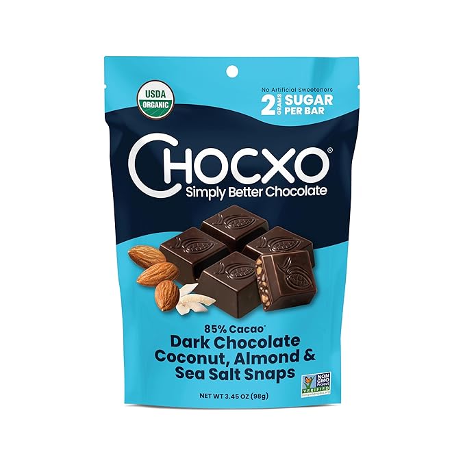 Chocxo Dark Chocolate Coconut Almond &amp Sea Salt Snaps - Low in Sugar Organic 85% Cacao Non-GMO Keto Certified Gluten Free &amp Kosher. No Artificial Sweeteners or Sugar Alcohols 3.45 oz (Pac