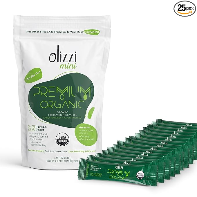 Olive Oil Packets - Olizzi Premium Organic Extra Virgin New Harvest Award Winning Early Harvest Cold Pressed USDA Organic Certified Single Serve Mini Salad Dressing To Go Individual Travel S