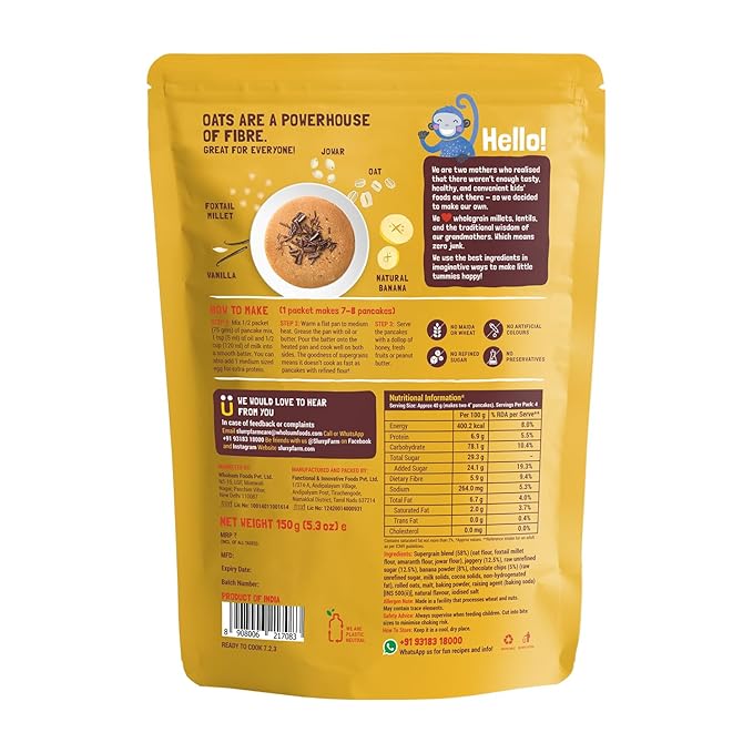 Slurrp Farm No Maida Pancake Mix | Instant Breakfast Mix Made with Oats and Jowar | Eggless Healthy Breakfast for Kids &amp Adults | Banana Chocochip- Pack of 3 X 150g