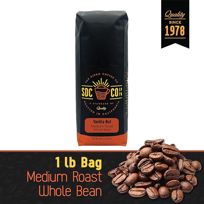 San Diego Coffee Vanilla Nut Medium Roast Whole Bean Coffee 16-Ounce Bag Café en grano tostado