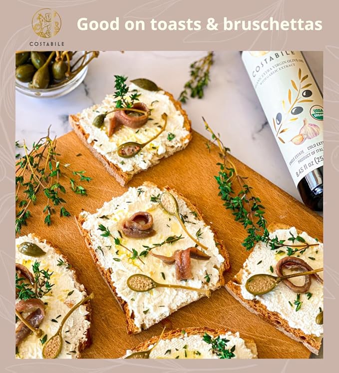 Garlic Infused Olive Oil Extra Virgin from Italy and from a Single Source. Garlic Oil for Cooking Dressings on Pizza Pasta Marinades - COSTABILE 16.9 Fl. Oz.