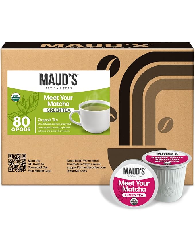Maud's Organic Matcha Green Tea Pods 80 ct Single Serve Tea Pods – 100% Gourmet Blended Tea Leaves Compatible with Keurig K Cups Maker