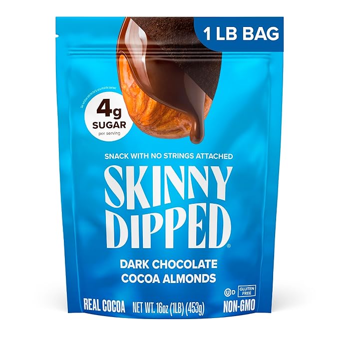 SkinnyDipped Dark Chocolate Cocoa Almonds 1lb Bag Healthy Snack Plant Protein Gluten Free Pack of 1