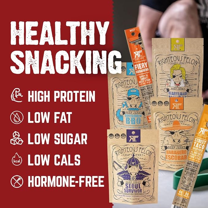 Righteous Felon Beef Jerky &amp Meat Sticks Variety Pack | Gluten Free Beef Jerky Snack Packs for Adults | High Protein Keto Low Sugar | Made with Premium Meats | Gifts for Men | Spicy Jerky 6 Pack