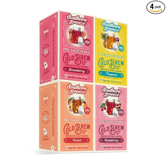 Southern Breeze Cold Brew Sweet Tea Variety Pack Iced Tea with Black Tea and Zero Carbs Zero Sugar 20 Individually Wrapped Tea Bags Pack of 4 Strawberry Peach Raspberry and Tropical