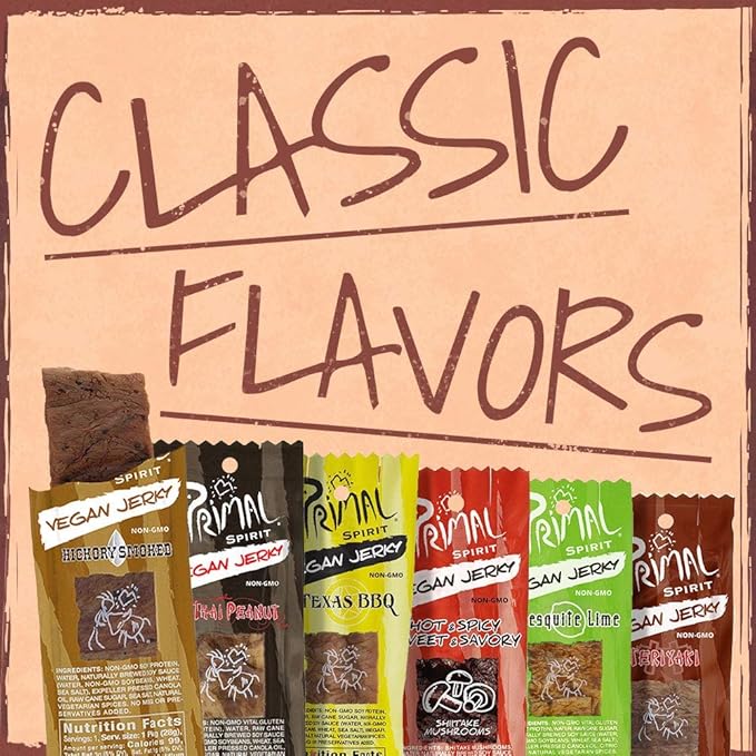 Primal Spirit Vegan Jerky - Sampler Pack 10g. Plant Based Protein Certified Non-GMO (Classics Thai Peanut Mesquite Lime Teriyaki Hot &amp Spicy Hickory Smoked &amp Texas BBQ 18-Pack 1 oz.