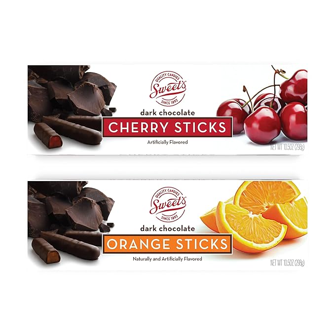 Sweet Candy Dark Chocolate Orange &amp Cherry Sticks - Chocolate Covered Candy - Orange &amp Cherry Flavors With Chocolate Coating - Old Fashioned Sweet Treat - Two (2) 10.5oz Boxes