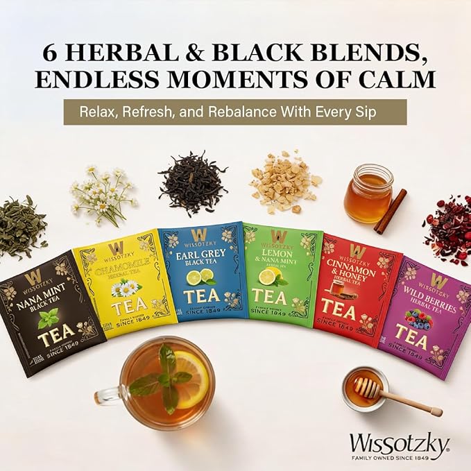 Wissotzky Artisanal Tea Chest Box Assorted Flavors of Black &amp Herbal Tea Bags (42 Tea Bags) 6 Flavors | Tea Sampler Variety Pack | Tea Gift Set | Individually Wrapped | Corporate &amp Holiday Gi