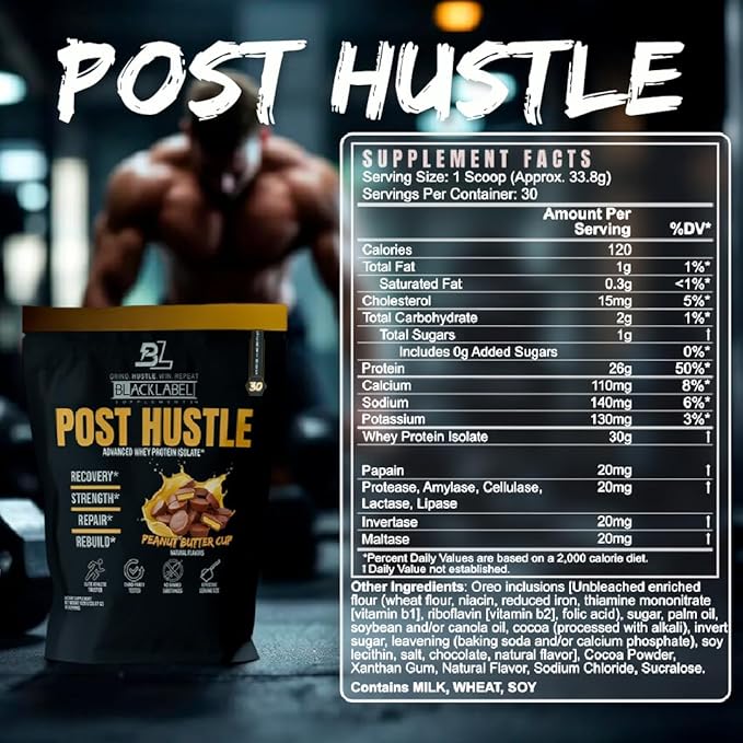 BLACKLABEL Supplements Post Hustle Post Workout Protein Powder 30 Servings – Whey Protein Isolate Powder with Digestive Enzymes – Post Workout Protein Powder – Peanut Butter Cup