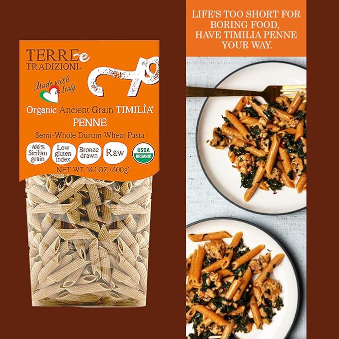 TERRE E TRADIZIONI 6 PACKS ORGANIC ITALIAN SEMI WHOLE DURUM WHEAT PENNE PASTALOW-GLUTEN INDEX. Has 6X More Fiber and Protein than Popular Grains. Al dente texture. Farm Fresh from Sicily Italy