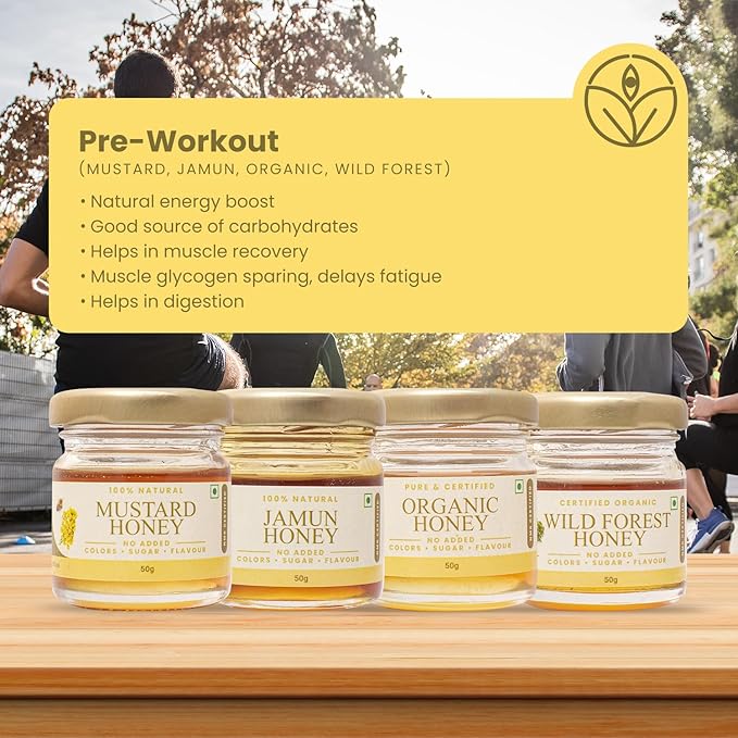 Shiva Organic Honey Tasters - Workout Booster Pack | 4 Flavors x 50g Each | Total 200g | Energize Your Fitness Journey with Pure and Natural Honey