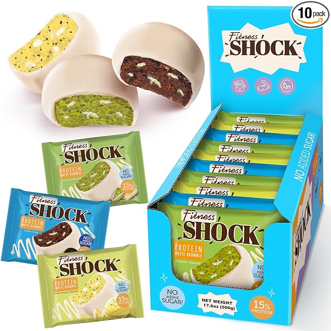 FitnesSHOCK White Chocolate Protein Brownie Variety Pack – Low Sugar Dessert Snack (2g Total Sugar No Added Sugar) – Pistachio Cookies Cream &amp Lemon Poppy – Healthy Snack Pack – 10 Count