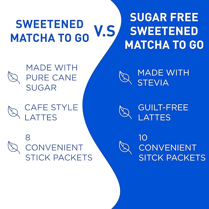 Aiya Sugar-Free Sweetened Matcha To Go Sticks - Stevia Sweetened Packets Premium Japanese Matcha Powder Gluten-Free - 10 Single-Serving Sticks