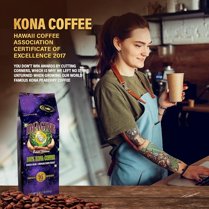 Imagine Kona Coffee Whole Bean | Arabica Kona Beans | Top Grade Air Roasted Organic Coffee Beans | Medium Dark Roast | Organic Whole Bean - 16oz