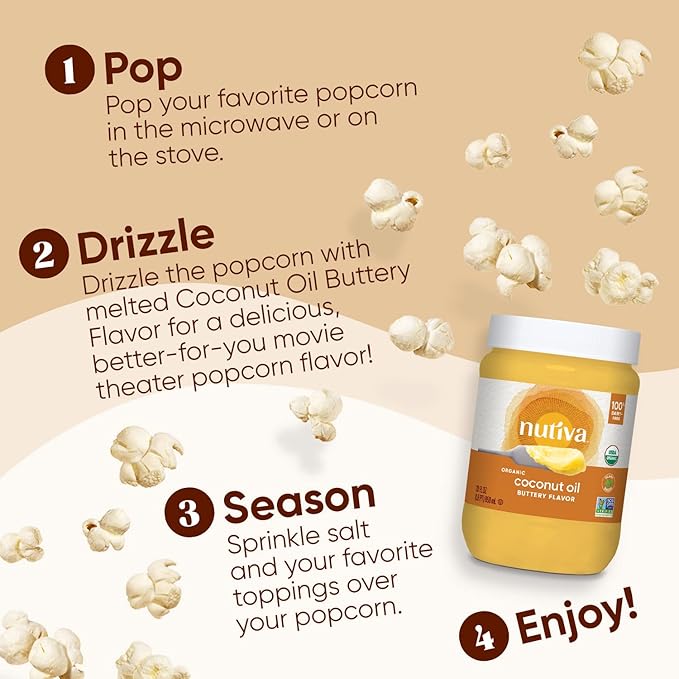 Nutiva Coconut Oil for Cooking and Baking - Butter Flavor Perfect for Making Movie Theater Popcorn Baked Goods Bread - Non-Dairy Alternative for Keto Vegan and Paleo Diets - 29floz