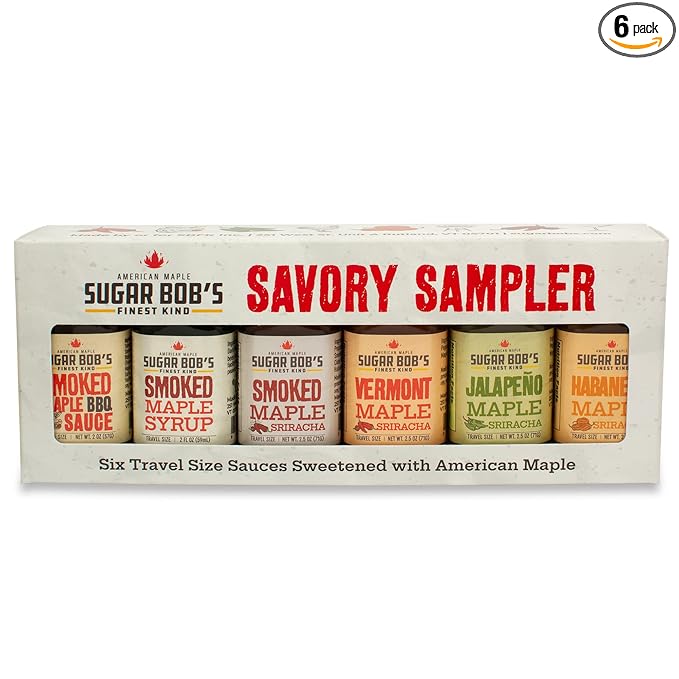 Sugar Bob's Finest Kind - Savory Maple Pantry 6 Flavor Variety Pack - Smoked Maple Syrup BBQ Sauce Maple Sriracha Hot Sauces &amp More - 2 oz Size