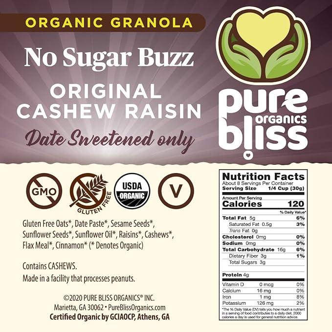 Pure Bliss Organics NO SUGAR BUZZ GRANOLA VARIETY PACK 3-12oz bags one each Cashew Raisin Granola Cashew Cranberry  Cocoa Cashew Butter  Certified Organic and Gluten Free Vegan Non GMO Low Gly