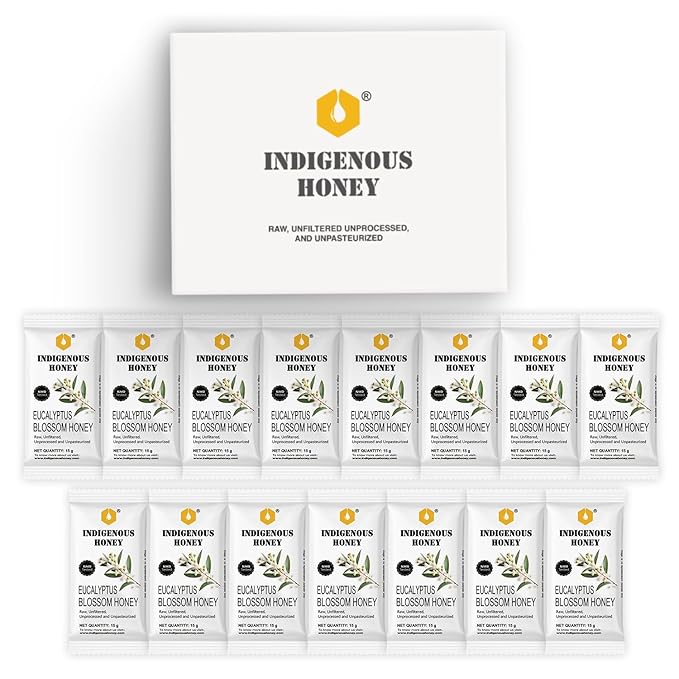 INDIGENOUS HONEY Organic Eucalyptus Honey Natural Raw Pure Unprocessed Added Sugar Free NMR Tested Unpasteurized Unheated 15 Travel Sachets 15g Each Total 225g