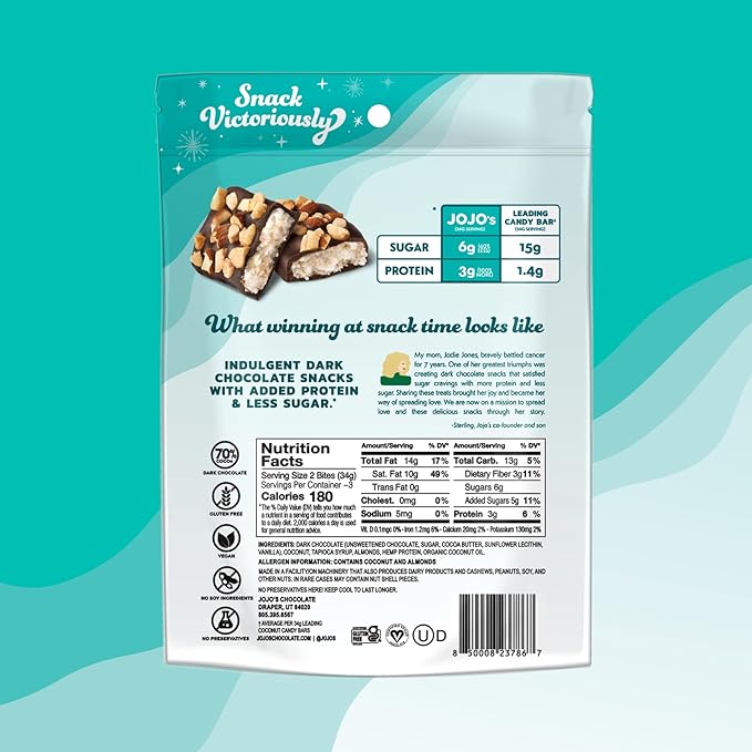 JOJO's Dark Chocolate Coconut Filled Bites with Almonds 3.6oz (4 count) Gluten-Free Non-GMO Vegan Lactose Free More Protein Less Sugar