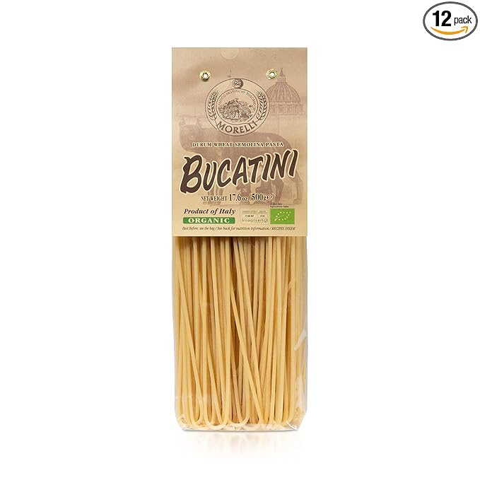 Morelli Bucatini Pasta Noodles - Premium Organic Italian Pasta from Italy - Handcrafted Family Owned Gourmet Brand - Made With Durum Wheat Semolina 17.6 oz (500 g) - Pack of 12