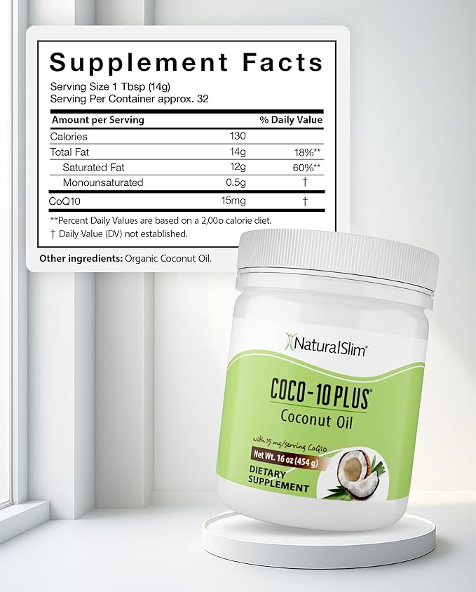 NaturalSlim Coconut Oil with CoQ10 - MCT Oil Organic Coconut Oil for Baking Mixing with Shake Smoothies Coffee or Ingest Directly - Supports Energy Metabolism and Immune System Fresh Flavor