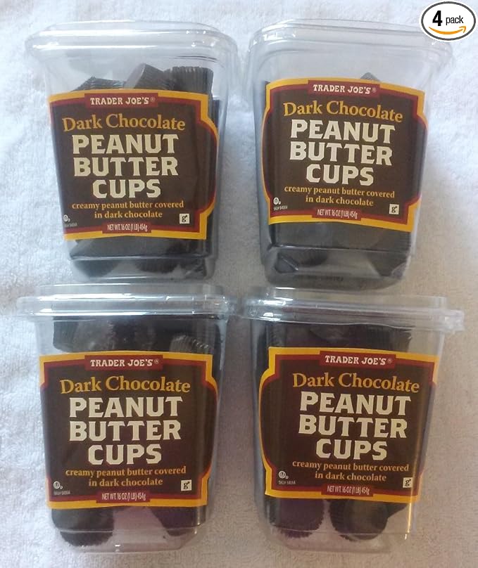 NEW Trader Joe's Dark Chocolate Peanut Butter Cups 4 PACK NO ARTIFICIAL FLAVORS 1 lb each Container NO PRESERVATIVES