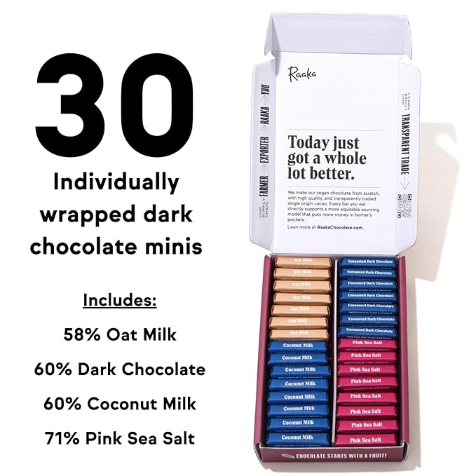 Raaka Dark Chocolate Gift Box | Mini Dark Chocolate Variety Pack | Organic Vegan Gluten Free | Box of 30 Individually Wrapped Chocolates