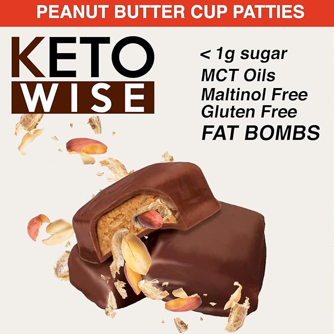 Keto Wise Fat Bombs - Made with Chocolate containing MCT Oil - Low Fat Low Carb and Keto Friendly Snack - 10g Fat 1g Net Carbs | Peanut Butter Cup Patties 16 Count (Pack of 1)