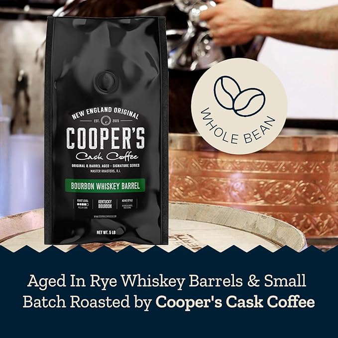 Bourbon Barrel Aged Coffee Single-Origin Colombian Beans Aged in Kentucky Bourbon Whiskey Barrels Medium Dark Roast Whole Bean 5 lb