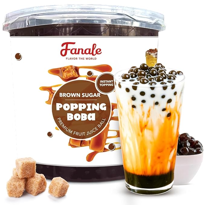 Fanale Brown Sugar Popping Boba Pearls Vegan Non GMO Gluten Free Fat Free Perfect for Bubble Tea Smoothies Ice Cream Desserts and Beverages.