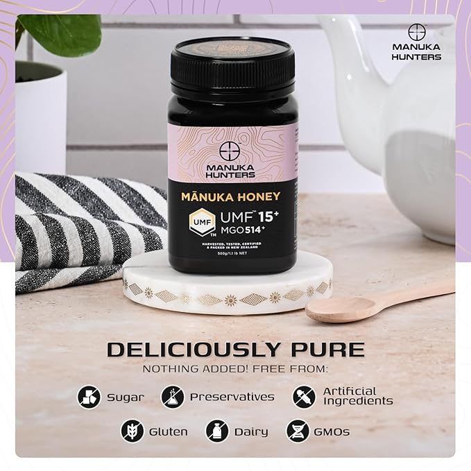 Manuka Hunters UMF 15+/MGO 514+ Certified New Zealand Manuka Honey - 100% Pure Natural Sweetener - Gluten Dairy Free - Ideal for Tea Coffee Smoothies and Baking - Sustainable - 1.1lbs/500g Jar