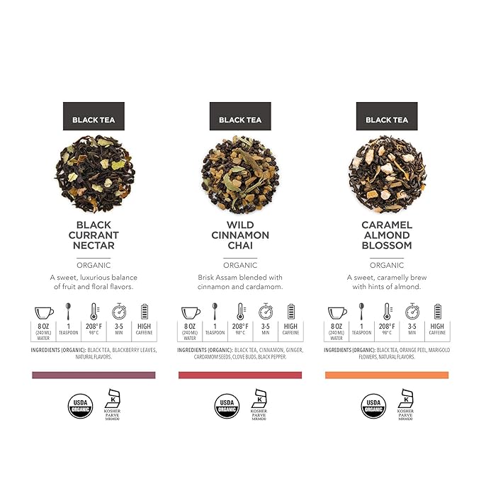 Teabloom Black Forest Organic Tea Collection - 6 Organic Loose Leaf Tea Blends Black Tea Leaves Blended with Fruits and Flowers