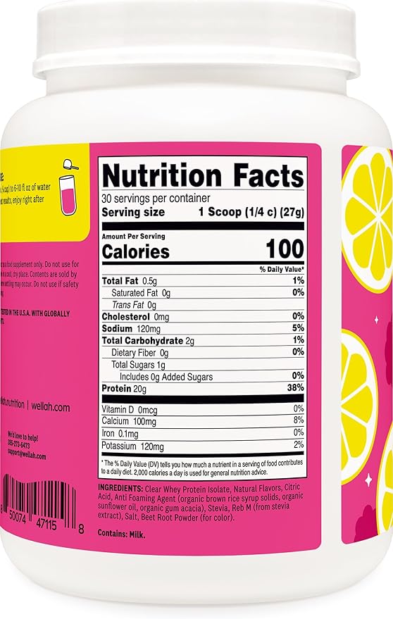 Wellah Clear Whey Protein Isolate Powder (Raspberry Lemonade) 30 Servings - 20g of Protein 100 Calories Sweetened with Stevia