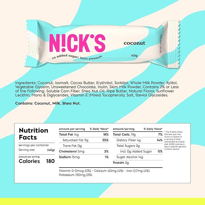 NICKS Coconut Keto Chocolate Candy Bars No Added Sugar Gluten Free Sweets Low carb Candy Snack Bar – 15-Pack (40g Each)