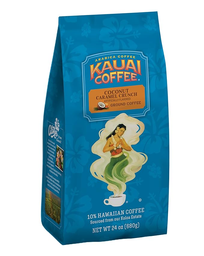 Kauai Coffee Ground Coffee – Smooth Rich Medium Roast – Nutty Caramel and Tropical Coconut – Arabica Coffee 10% Hawaiian with No Bitterness – Coconut Caramel Crunch 2 Pack of 24oz