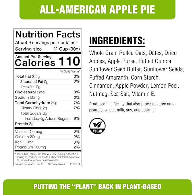 PLANTSTRONG All-American Apple Pie Granola – Whole Grain Oil-Free Granola with Chewy Dried Apples Sweetened Only with Dates Made from Whole Plants Crunchy Breakfast or Snack (4-Pack (9 oz Bags))