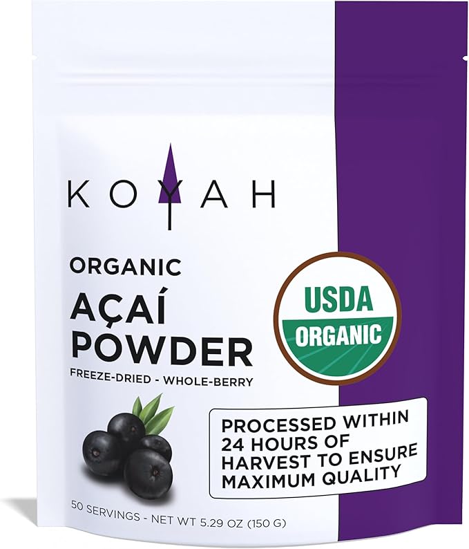 KOYAH - Organic Acai Powder (150g - 50 Servings): Brazil Grown Freeze-Dried 100% Pure No Citric Acid Added Great in Smoothies and Bowls
