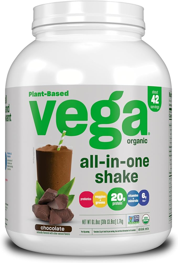 Vega Organic All-in-One Vegan Protein Powder Chocolate - Superfood Ingredients Vitamins &amp Sport Premium Vegan Protein Powder Chocolate(45 Servings) 30g Plant Based Protein5g BCAAs
