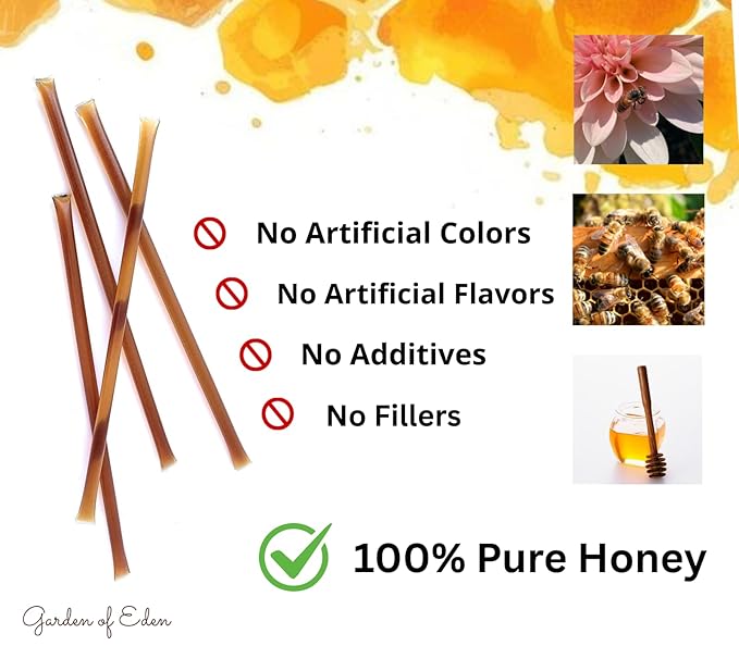 Garden of Eden Honey Company Pure Honey Sticks (100-Count) | Individual Natural Sweetener Straws for Tea &amp Coffee | Single-Serve Packets | Easter Basket gift