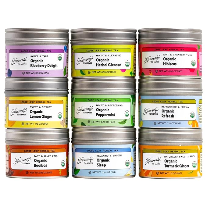 Heavenly Tea Leaves Organic Herbal Loose Leaf Tea Sampler Gift Set (Approx. 90 Cups) | 9 Naturally Caffeine-Free Tisanes | Great Hot or Iced | Assorted Variety Pack | Health &amp Immune Support